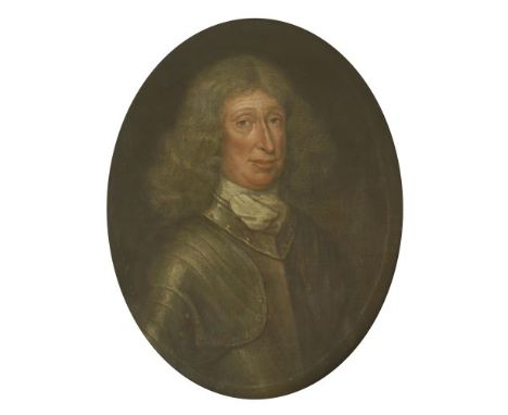 Circle of John Scougall (c.1645-1730) PORTRAIT OF A GENTLEMAN, BUST LENGTH, FACING RIGHT, IN ARMOUR Oil on canvas, oval 72 x 