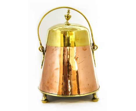 A Dutch brass and copper dauff (ash pot) and cover, late 18th/early 19th century, of tapered form with an urn finial and swin