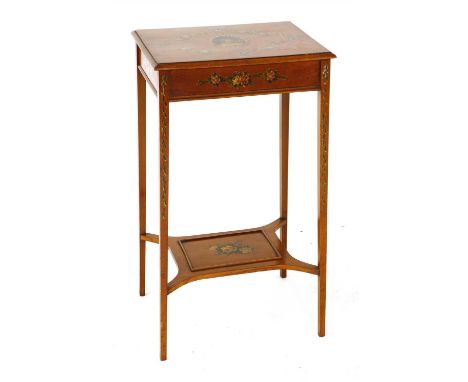 An Edwardian Sheraton Revival two-tiered side table, c.1910, the top painted with a portrait roundel, further decorated to th