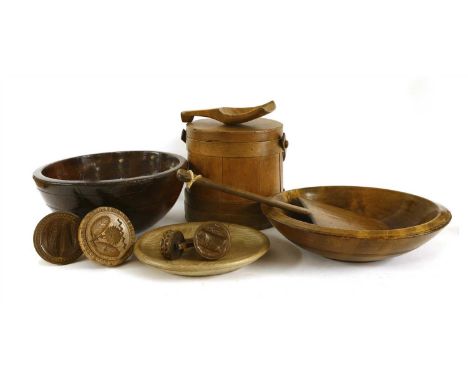 A collection of treen, a sycamore dairy bowl, 19th century, 38cm diameter, another 19th century bowl, 36cm diameter, three bu