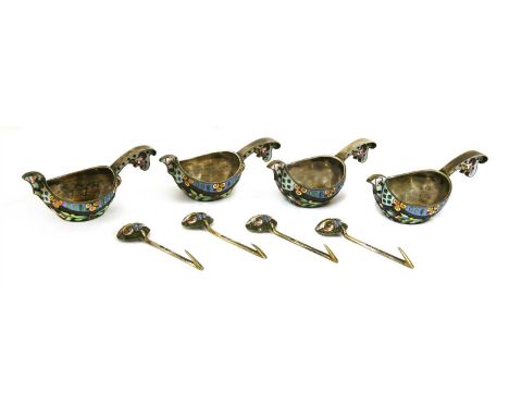 A set of four Russian silver and enamel kovshi, early 20th century, stamped 0.84 with Delta mark for Moscow and maker's initi