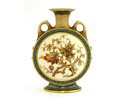 A rare Royal Worcester blush ivory moon flask, 1889, painted with flowers in colours and gilt within moulded and coloured bor