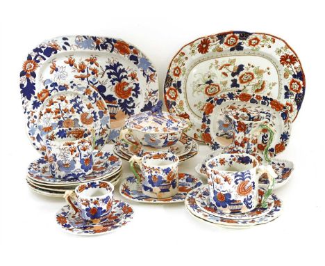 Mason's ironstone dinnerwares, 19th century, with Imari-style decoration, two meat plates, 42 and 43cm long, a sauce tureen, 