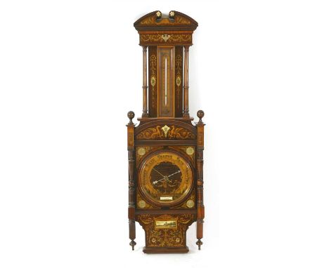 An exhibition quality aneroid barometer, by Negretti &amp; Zambra, London, the rosewood case profusely inlaid with ribbon-tie