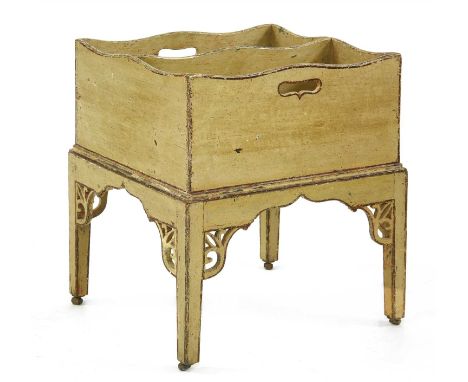 A George III painted 'butler's caddy', with two divisions, on square tapering legs with fret cut brackets, 40cm wide 40cm dee