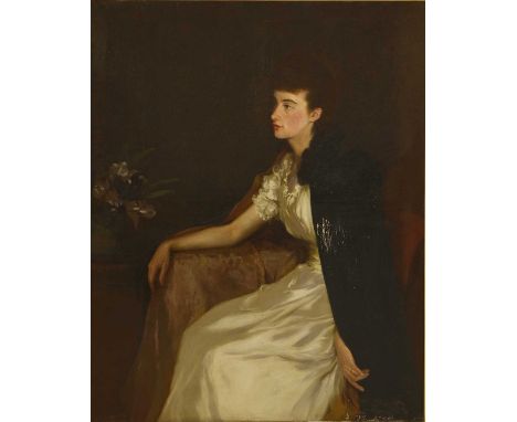 Hugh Littleton Norris (1863-1942) PORTRAIT OF A LADY, SEATED, IN A WHITE DRESS AND DARK CLOAK Signed and dated 1892 u.l., oil