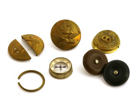 Two military POW Escape buttons and an RAF compass button, two WWII moulded tunic or battle dress buttons, each with a tiny m