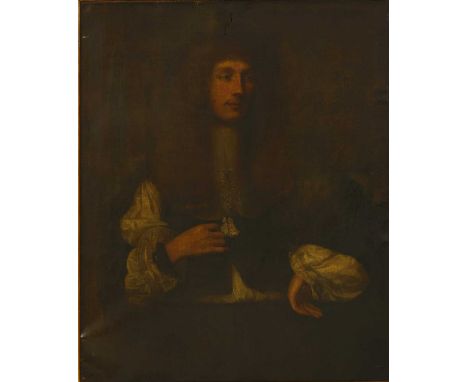 Circle of Gerard Soest (1600-1681) PORTRAIT OF A GENTLEMAN, HALF-LENGTH IN A BLACK SLASHED-SLEEVE COAT AND LACE STOCK Oil on 