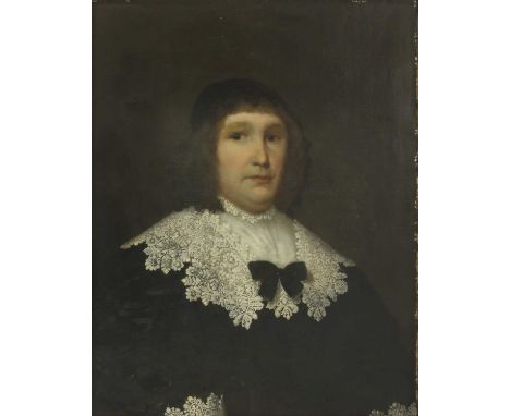 Follower of Cornelis Jonson (1593- 1661) PORTRAIT OF A WOMAN, HALF LENGTH, WEARING A BLACK DRESS WITH LACE COLLAR Oil on canv