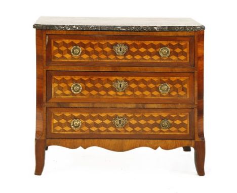 A Louis XVI parquetry inlaid commode, the grey marble top, over three drawers and on shaped outswept feet, 94cm wide 48cm dee
