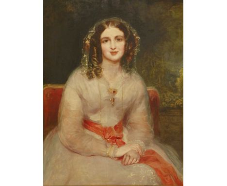 Richard Rothwell RHA (Irish, 1800-1868) PORTRAIT OF A YOUNG LADY, THREE-QUARTER LENGTH, SEATED, IN A WHITE DRESS Signed l.r.,