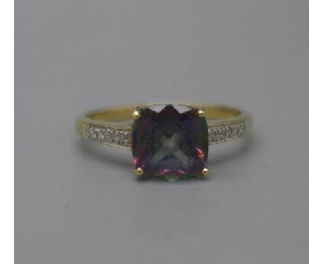 A 9ct gold, mystic topaz and diamond ring, 2.4g, size R/S 