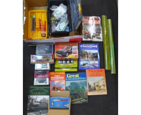 A box of die-cast model vehicles, railway books, modeller's toolbox, etc. 