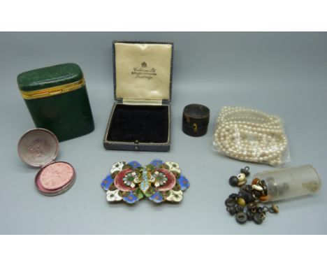 An enamelled buckle, loose faux pearls, buttons, two vintage jewellery boxes and ring box, a Bourjois blusher compact, a/f 