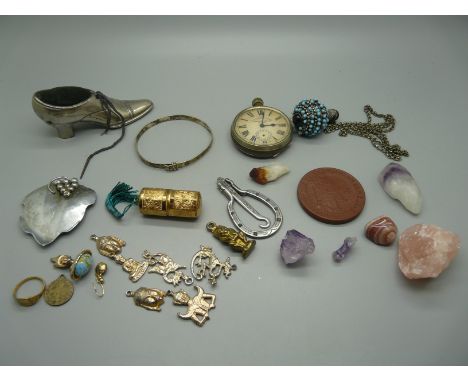 A box of assorted items including French button hook, silver bangle, quartz, etc. 