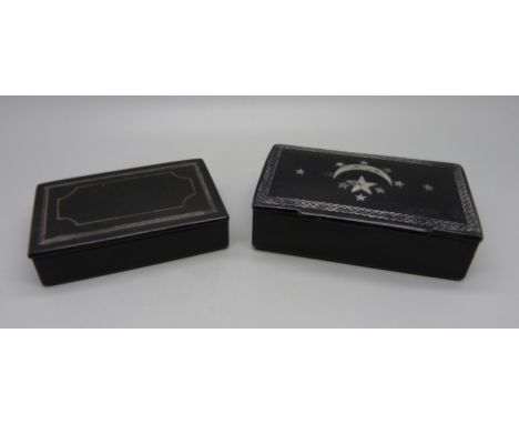 Two Georgian papier mache snuff/patch boxes, one with silver overlay 