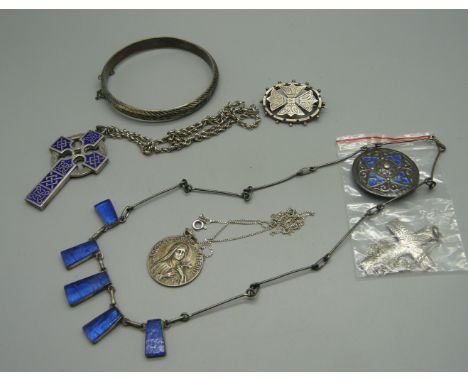 Silver jewellery including a bangle, brooch and an enamel cross pendant 