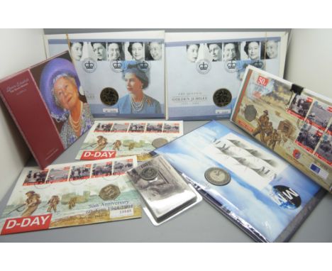 A collection of commemorative coins and first day covers, etc. 