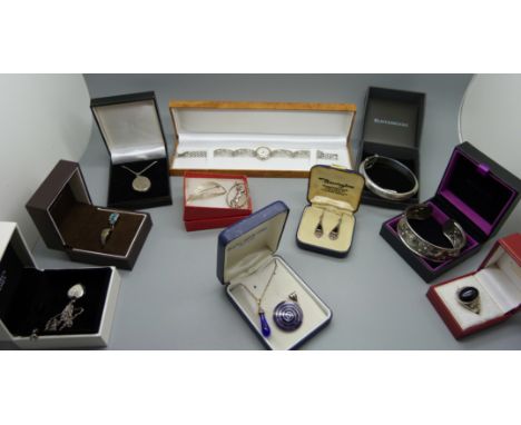 Assorted silver jewellery including rings, bangle and a silver lady's Rotary wristwatch 