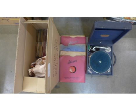 A Meritone 78rpm record player and a box of 78 rpm records **PLEASE NOTE THIS LOT IS NOT ELIGIBLE FOR POSTING AND PACKING**