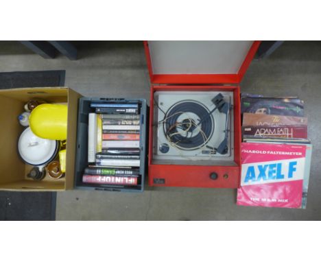 A collection of items including metal scales, a box of books, records, record player and other china **PLEASE NOTE THIS LOT I