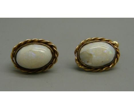 A pair of 1/20 12k gold filled screw back opal earrings, opal chipped 