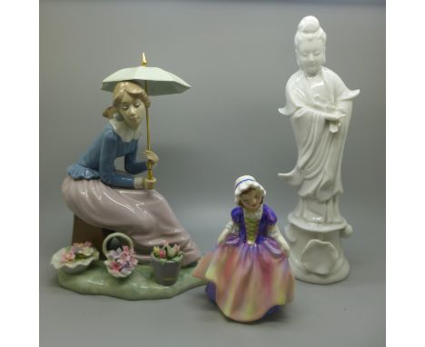 A Nao figure of a woman with parasol, and two other figures, Royal Doulton and Chinese lady 