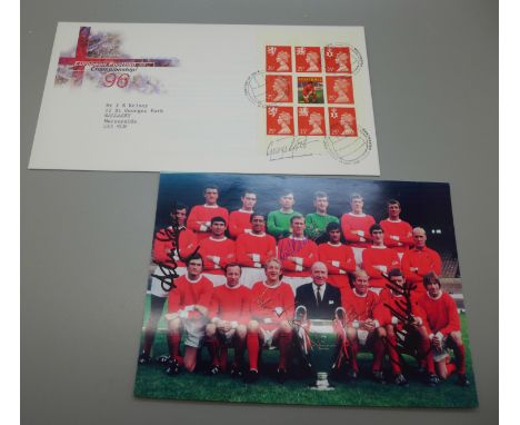 A Manchester United autograph, photograph and first day cover including George Best, Denis Law, Bobby Charlton, etc. (6) 