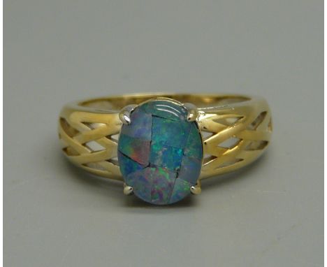 A silver gilt, mosaic opal set ring and certificate, size O 