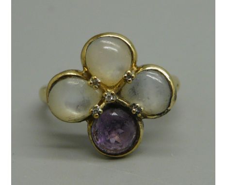 A 9ct gold, moonstone and amethyst ring, 4g, size M 