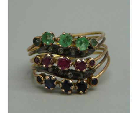 A 9ct gold and gem set ring, 3.9g, size R/S 