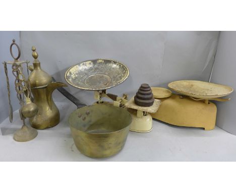 Two sets of kitchen scales, a brass jam pan, companion set, etc. (two boxes) **PLEASE NOTE THIS LOT IS NOT ELIGIBLE FOR POSTI