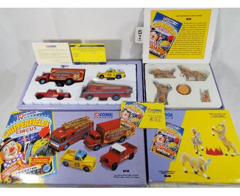 Corgi Classics Chipperfields Circus - two boxed sets comprising Land Rover, Morris Minor Pick-Up Thames Trader and AEC Fire E