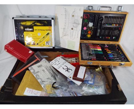 A collection of model makers tools and other accessories to include a Rolson rotary tool kit and other, Est £30 - £50