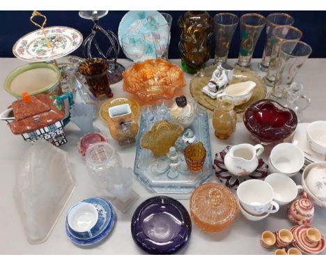 Twentieth century ceramics and glass to include an orange Carnival glass bowl with peacock pattern, Art glass to include a 19