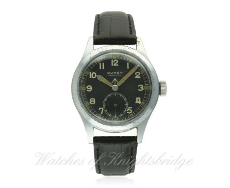 A GENTLEMAN'S BRITISH MILITARY W.W.W. BUREN GRAND PRIX WRIST WATCH CIRCA 1940s 
D: Black dial with Arabic numerals, luminous 