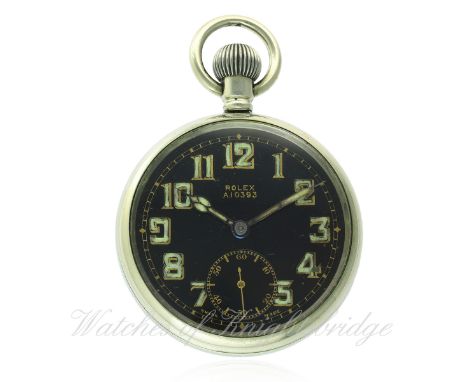 A GENTLEMAN'S NICKEL CASED ROLEX BRITISH MILITARY POCKET WATCH CIRCA 1930s
D: Black enamel dial with luminous Arabic numerals