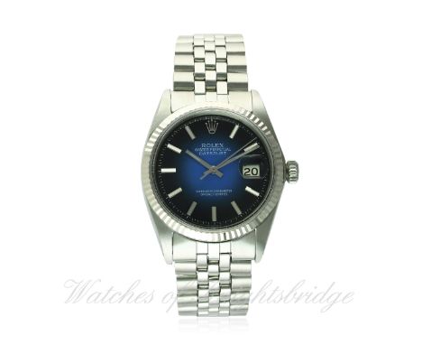 A GENTLEMAN'S STEEL & WHITE GOLD ROLEX OYSTER PERPETUAL DATEJUST WRIST WATCH CIRCA 1969, REF. 1601
D: Blue "smoke" dial with 