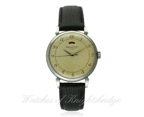 A GENTLEMAN'S STAINLESS STEEL JAEGER LECOULTRE POWERMATIC WRIST WATCH CIRCA 1950 D: Silver dial with applied gilt Arabic nume
