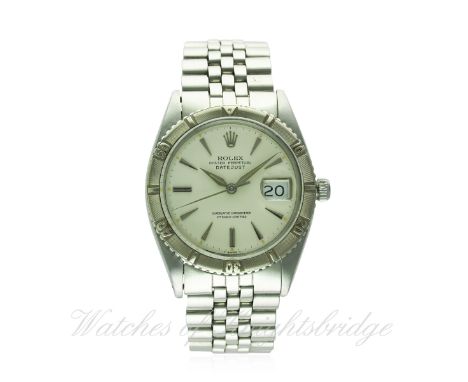 A RARE GENTLEMAN'S STAINLESS STEEL ROLEX OYSTER PERPETUAL DATEJUST "TURN O GRAPH" BRACELET WATCH CIRCA 1960, REF. 1625
D: Sil