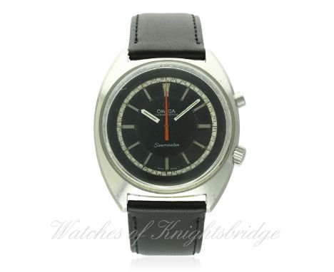 A GENTLEMAN'S LARGE SIZE STAINLESS STEEL OMEGA SEAMASTER CHRONOSTOP WRIST WATCH CIRCA 1969, REF. 145.007
D: Black dial with s