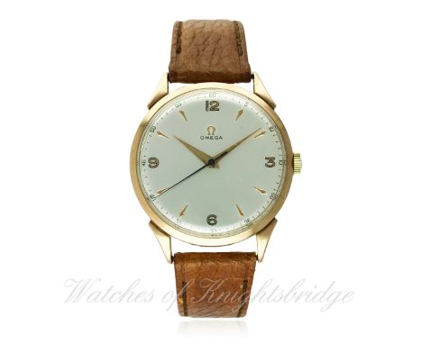 A RARE GENTLEMAN'S LARGE SIZE 18K SOLID PINK GOLD OMEGA WRIST WATCH CIRCA 1947, REF. 11144
D: Silver dial with gilt "arrow he