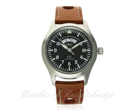 A GENTLEMAN'S STAINLESS STEEL IWC PILOTS UTC DUAL TIME WRIST WATCH CIRCA 2005, REF. 3251 WITH BOX AND BOOKLET D: Black dial w