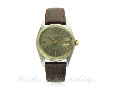 A GENTLEMAN'S STEEL & GOLD ROLEX OYSTER PERPETUAL DATE WRIST WATCH CIRCA 1978, REF. 1505
D: Grey dial with gilt batons & hand