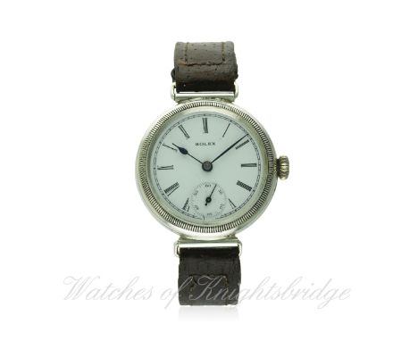 A GENTLEMAN'S SOLID SILVER ROLEX WRIST WATCH CIRCA 1920s
D: White enamel dial with Roman numerals, subsidiary seconds. M: Man