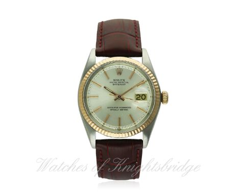 A RARE GENTLEMAN'S STEEL & ROSE GOLD ROLEX OYSTER PERPETUAL DATEJUST WRIST WATCH CIRCA 1969, REF. 1601
D: Silver dial with ro