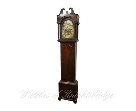 A  MAHOGANY 5 PILLAR 8 DAY LONG CASE CLOCK WITH MOON PHASE AND CALENDAR CIRCA 1740 BY ROBERT ROUCH, BRISTOL
D: Arched brass d