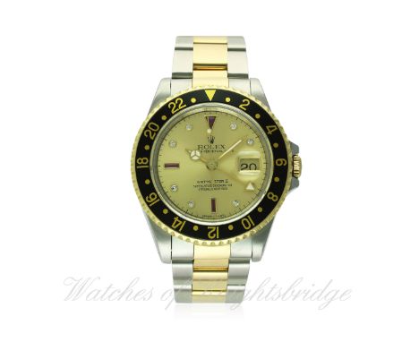 A RARE GENTLEMAN'S STEEL &amp; GOLD ROLEX OYSTER PERPETUAL DATE GMT MASTER II BRACELET WATCH CIRCA 1991, REF. 16713 WITH "SER