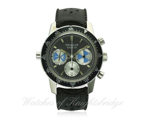 A RARE GENTLEMAN'S STAINLESS STEEL HEUER ORVIS SOLUNAGRAPH CHRONOGRAPH WRIST WATCH CIRCA 1968, REF. 2446 SF
D: Grey dial with