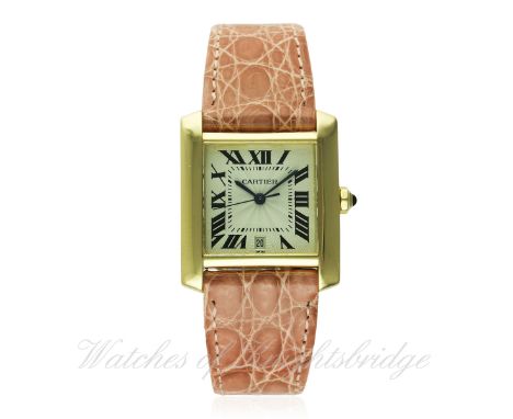 A GENTLEMAN'S 18K SOLID GOLD CARTIER TANK FRANCAISE AUTOMATIC WRIST WATCH CIRCA 2003, REF. 1840
D: Silver guilloche dial with